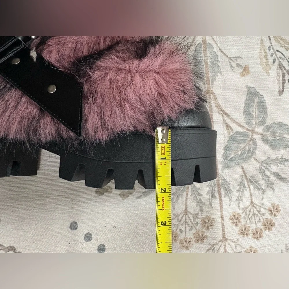 Dolls Kill Pink Faux Fur Platform Boots with Black Strap Details
